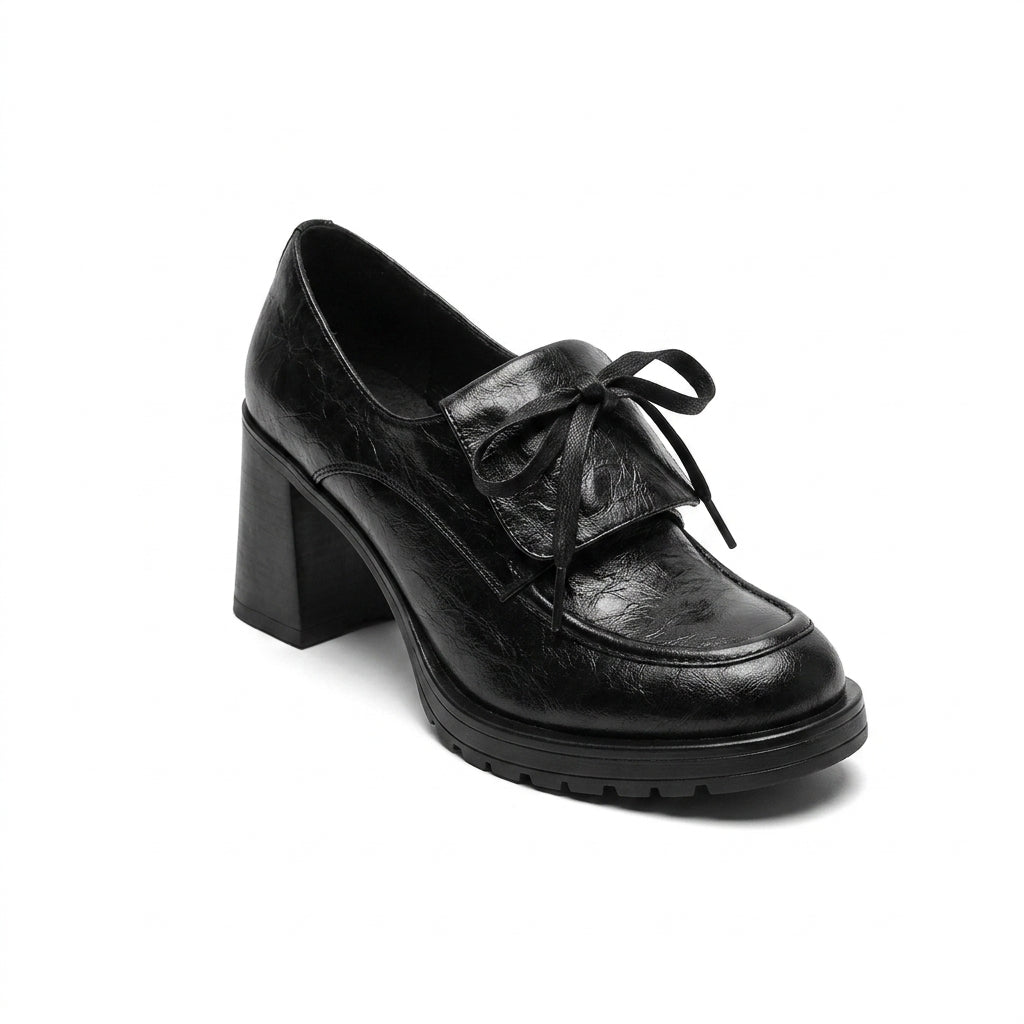 Mocasines de Tacón Mujer con Lazo y Tacón de Bloque