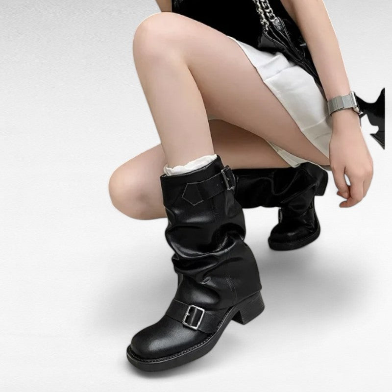 Botas Moteras Mujer de Piel Sintética con Hebillas
