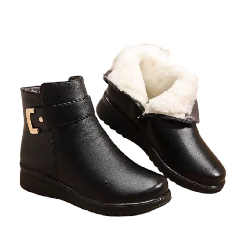 Botines Forrados Mujer Negros de Piel con Hebilla y Cuña