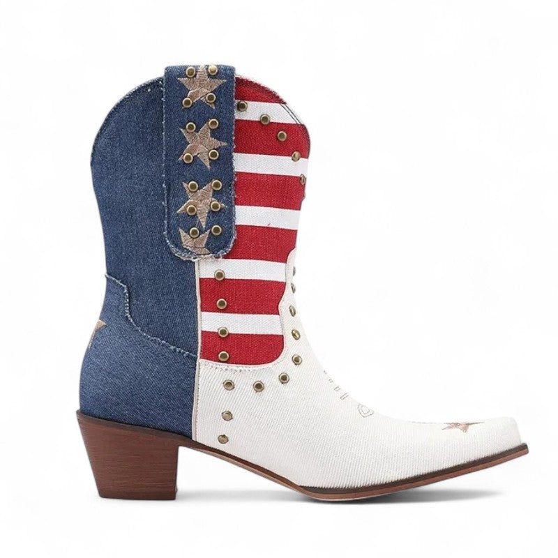 Botas Cowboy Mujer con Bandera Estampada Estilo Western