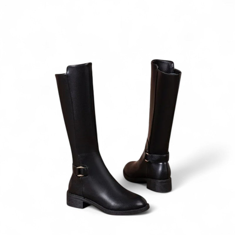 Botas Altas Mujer Negras con Hebilla Metálica Tacón Plano
