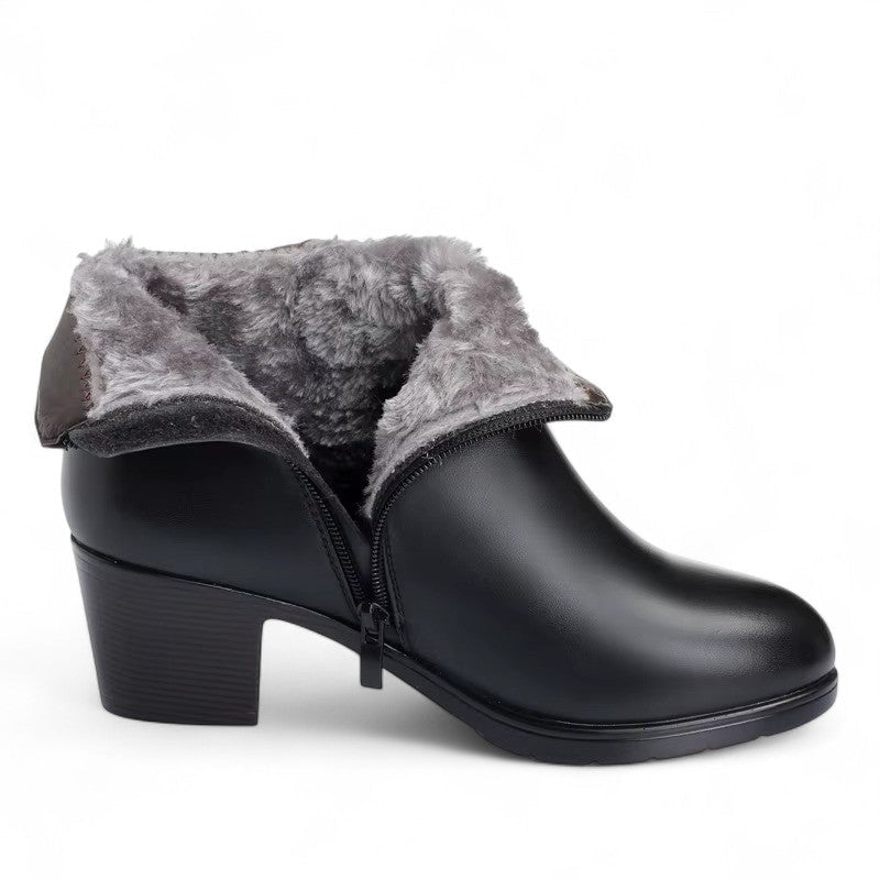 Botines Forrados Mujer con Cuello de Pelo y Tacón Bajo