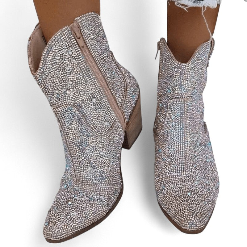 Botas Cowboy Mujer Plateadas con Strass y Tacón