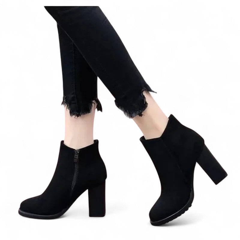 Botines de Tacón Mujer Negros de Ante con Cremallera Lateral