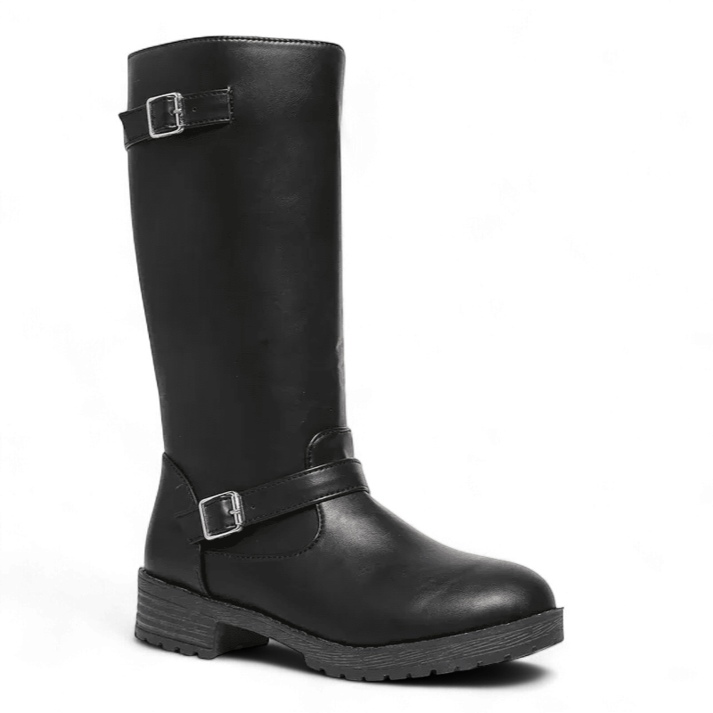 Botas Moteras Mujer Negras de Cuero con Doble Hebilla y Caña Alta