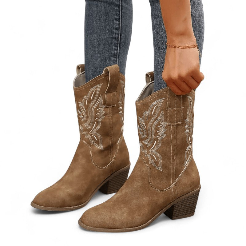 Botas Cowboy Mujer Western Camperas Bajas con Bordado Contrastado