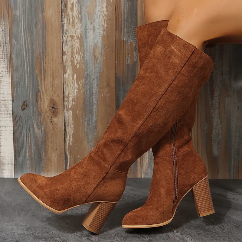 Botas Altas Mujer de Ante Caña Elástica con Tacón Bajo