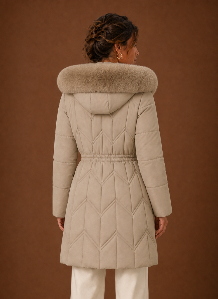 Plumífero Largo Mujer Capucha Ribeteada Elegante