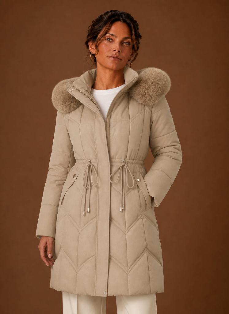 Plumífero Largo Mujer Capucha Ribeteada Elegante