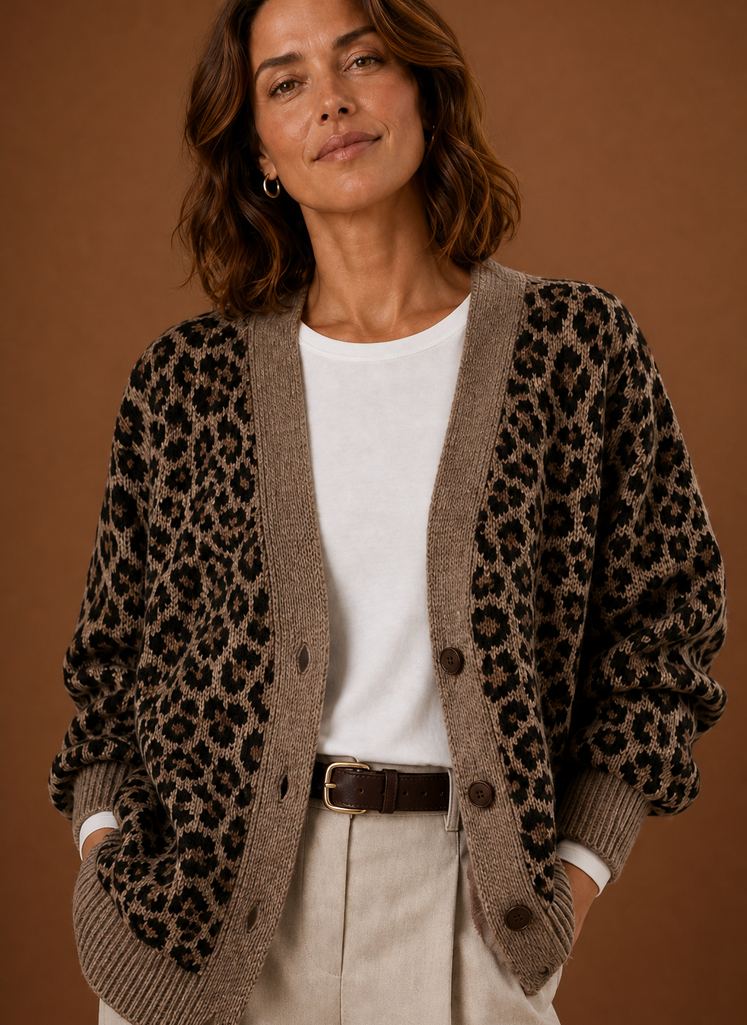 Cárdigan Mujer Estampado Leopardo Botones