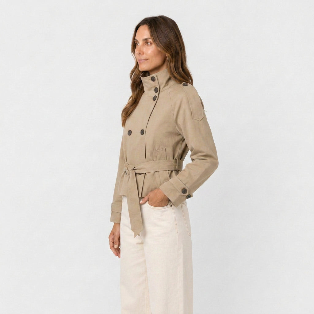 Trench Corto Mujer Cuello Alto Militar
