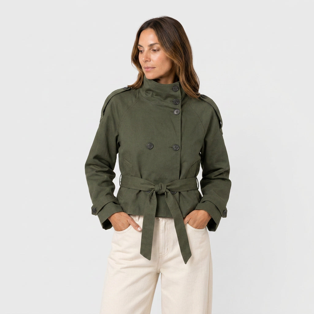 Trench Corto Mujer Cuello Alto Militar