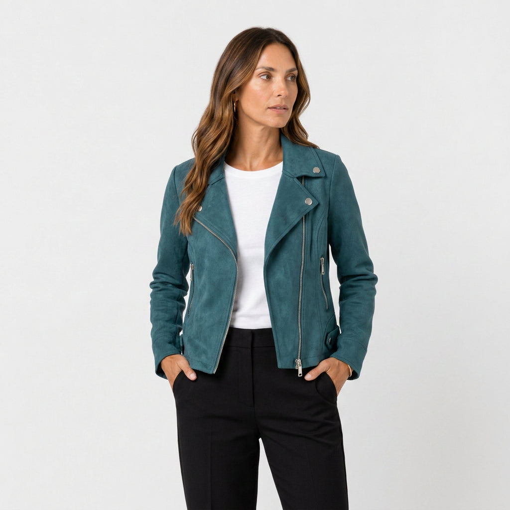 Cazadora Biker Mujer Efecto Ante Cremallera