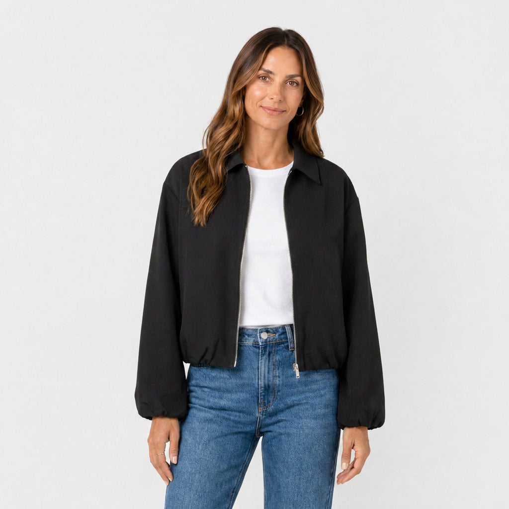 Cazadora Corta Mujer Cremallera Cuello Camisero