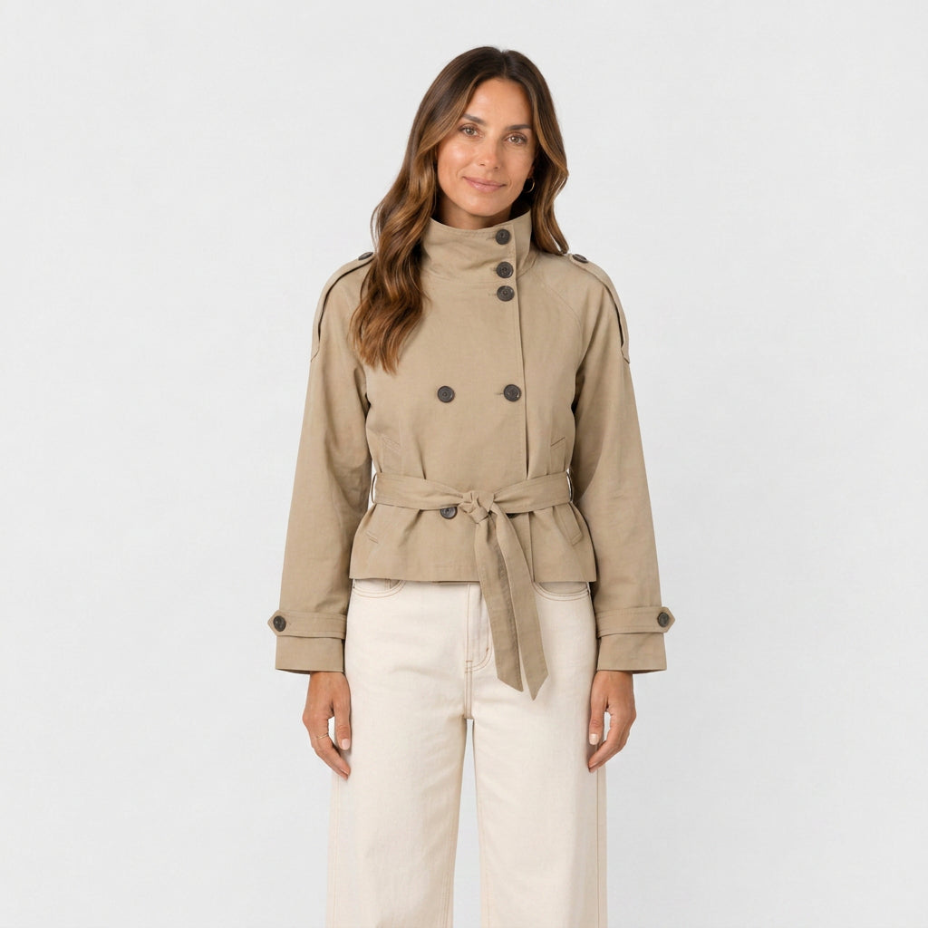Trench Corto Mujer Cuello Alto Militar