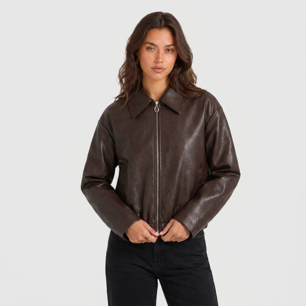 Cazadora Corta Mujer Efecto Piel Camisero