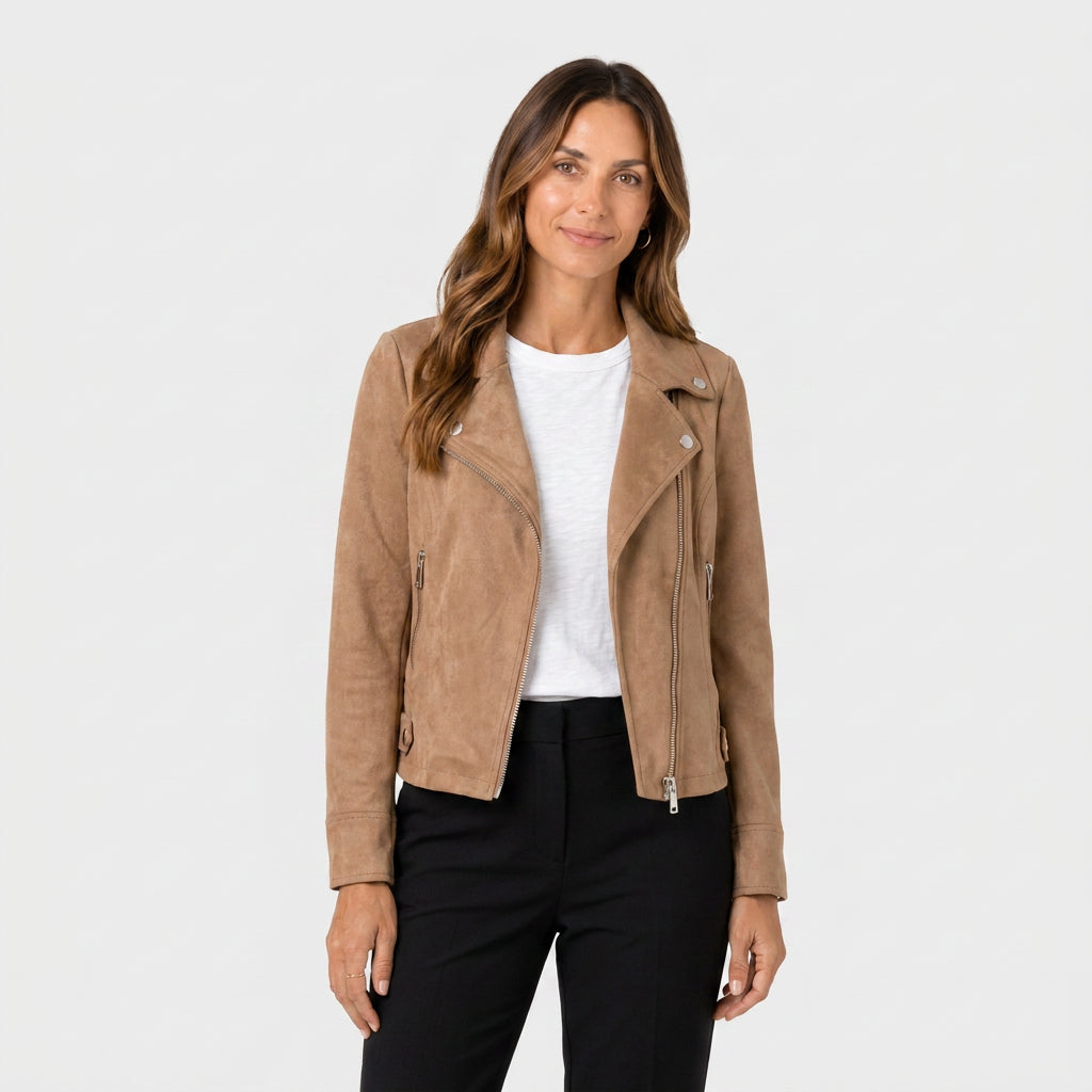 Cazadora Biker Mujer Efecto Ante Cremallera
