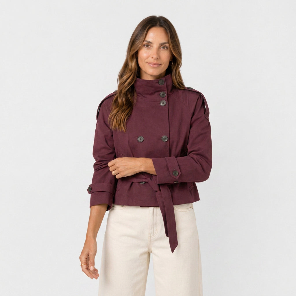 Trench Corto Mujer Cuello Alto Militar