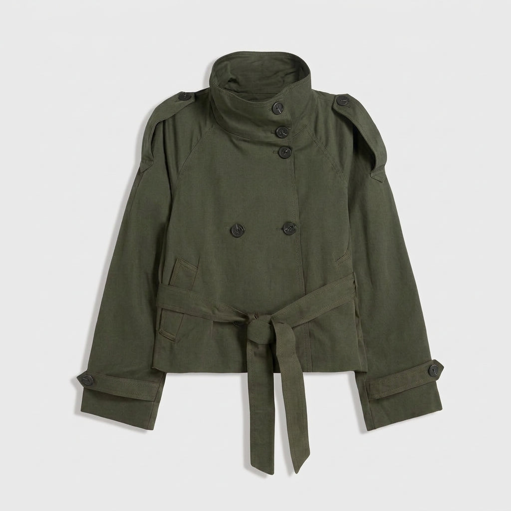 Trench Corto Mujer Cuello Alto Militar