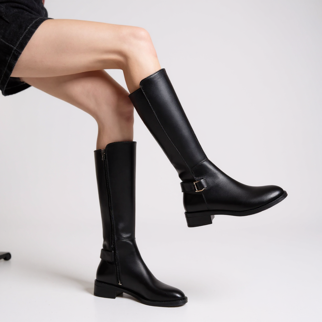 Botas Altas Mujer Negras Tacón Bajo con Hebilla