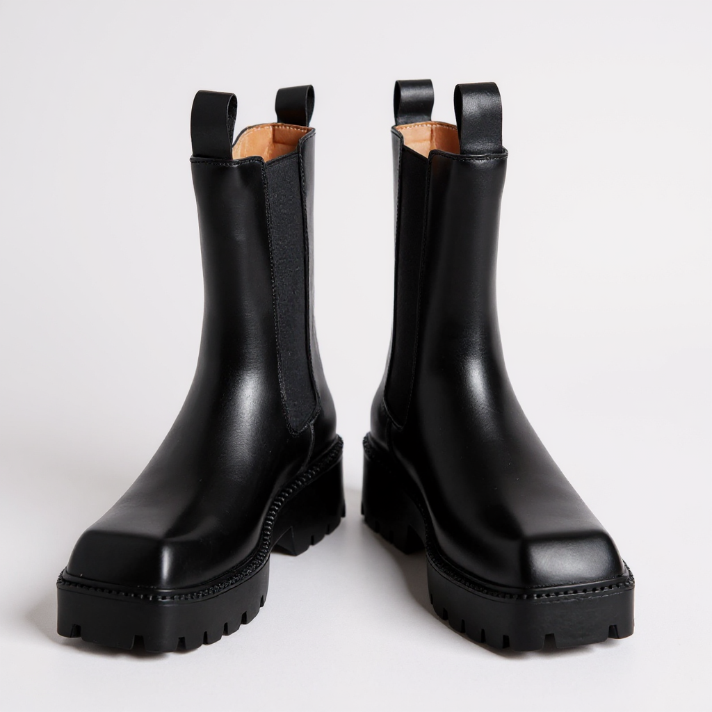 Botines Chelsea Mujer Negros Punta Cuadrada Suela Cranteada