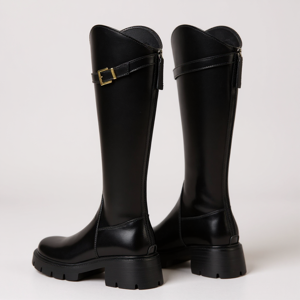 Botas Altas Mujer de Piel Tacón Grueso Hebilla Dorada
