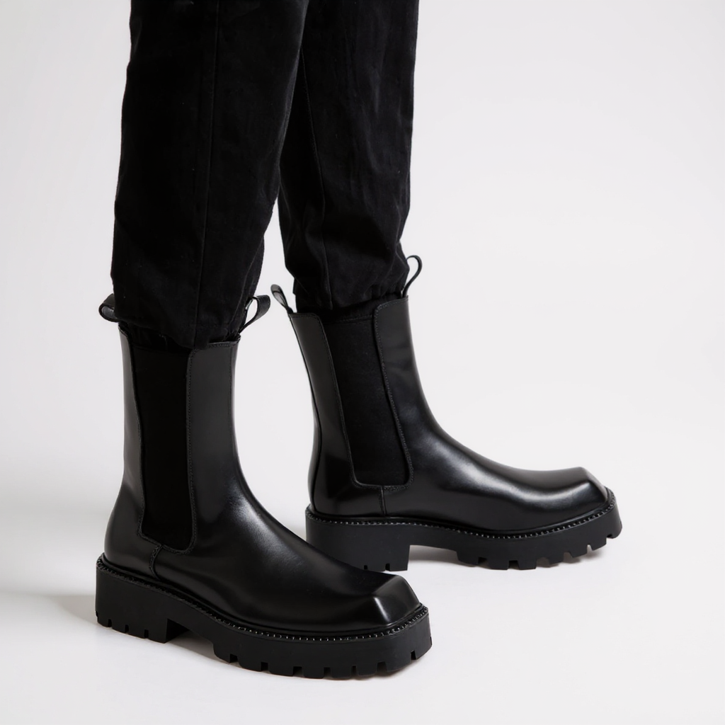 Botines Chelsea Mujer Negros Punta Cuadrada Suela Cranteada