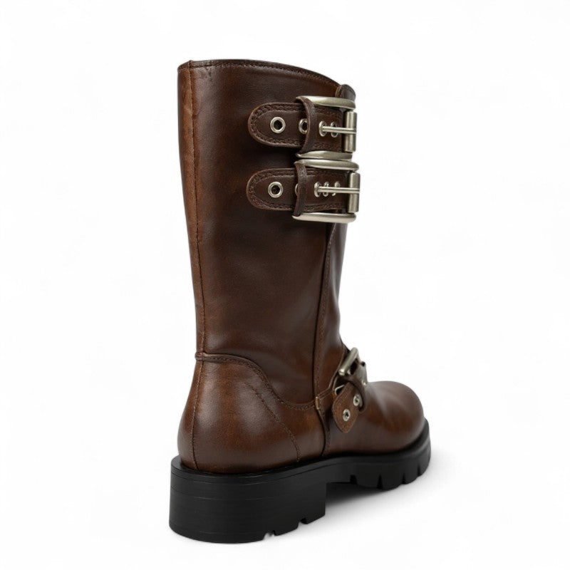 Botas Moteras Mujer Marrones con Hebillas Metálicas
