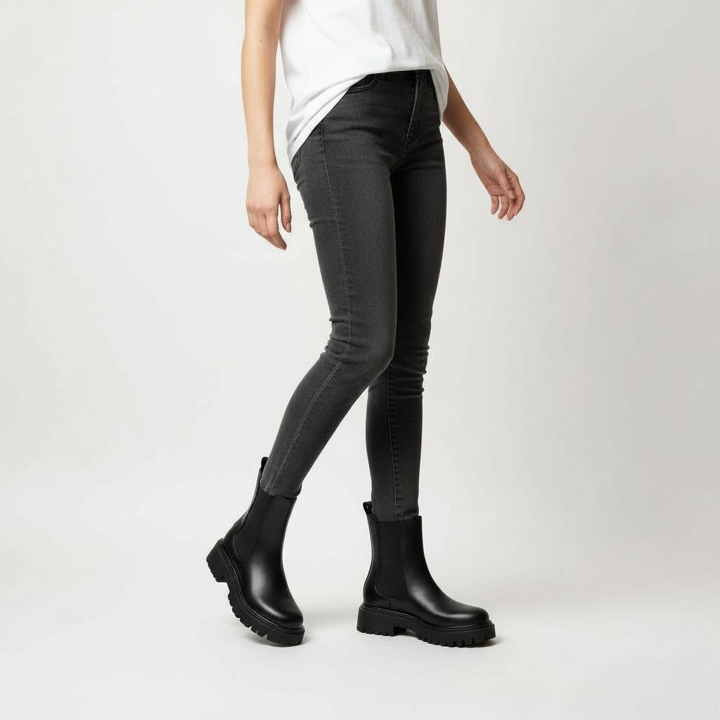 Botines Chelsea Mujer Negros de Elástico Lateral y Suela Gruesa