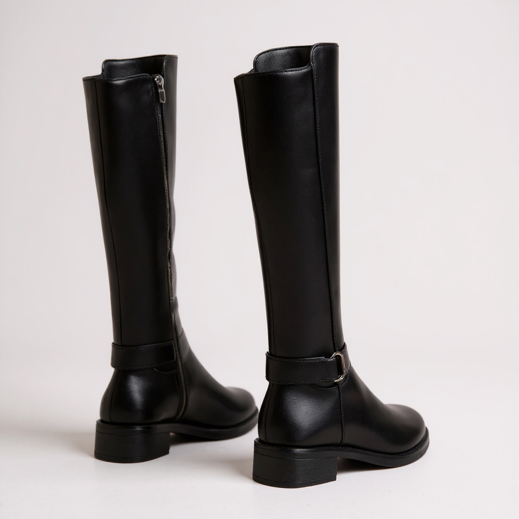 Botas Altas Mujer Negras Tacón Bajo con Hebilla