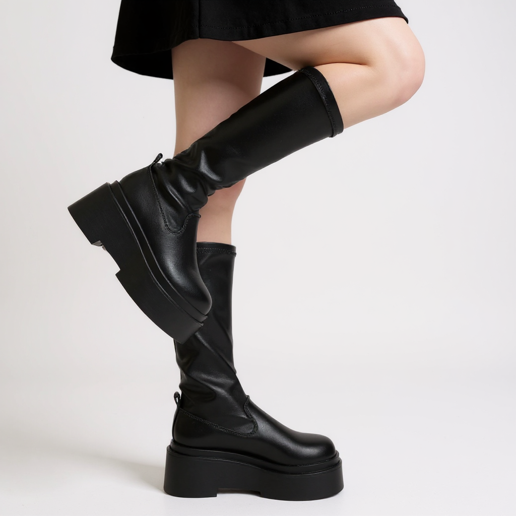 Botas Altas Mujer Negras Tacón Plano Caña Elástica