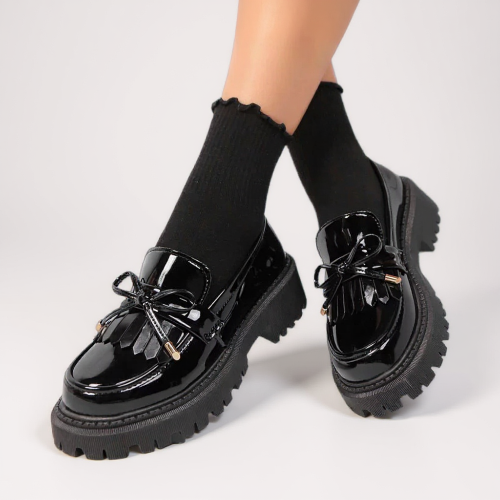 Mocasines de Charol Mujer Negros con Lazo y Suela Gruesa