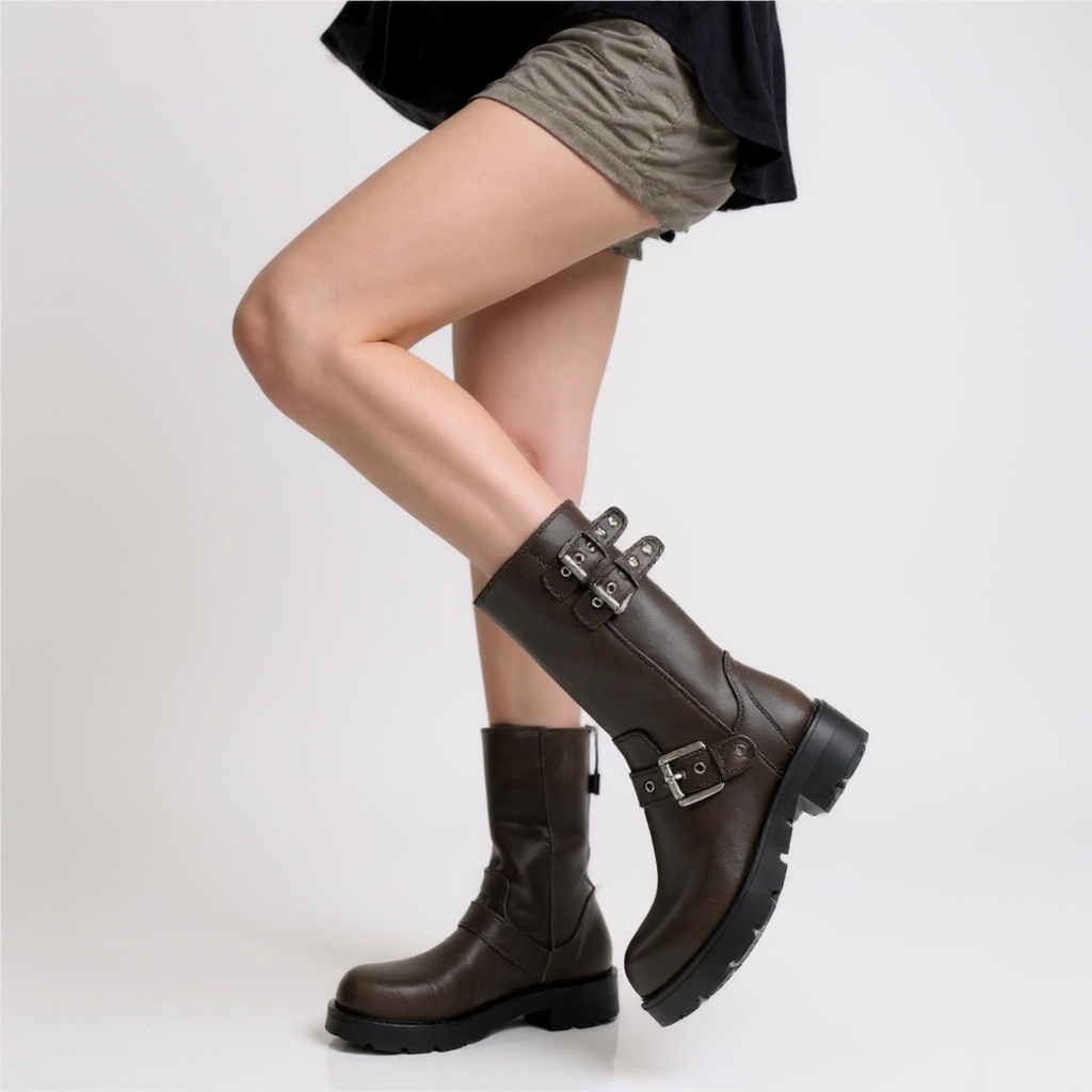 Botas Moteras Mujer Marrones con Hebillas Metálicas