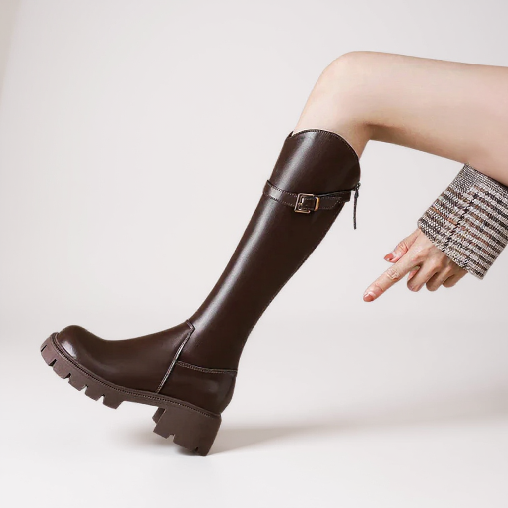 Botas Altas Mujer de Piel Tacón Grueso Hebilla Dorada