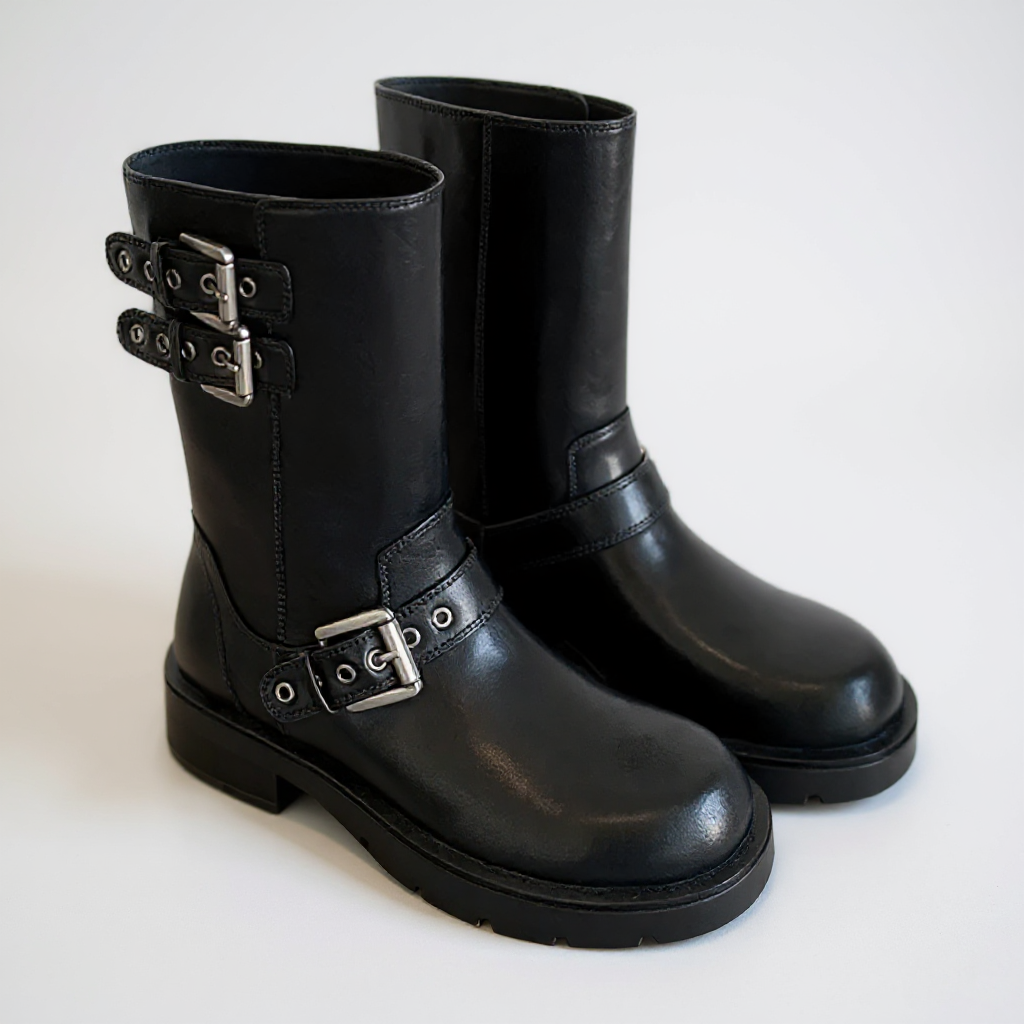 Botas Moteras Mujer Marrones con Hebillas Metálicas