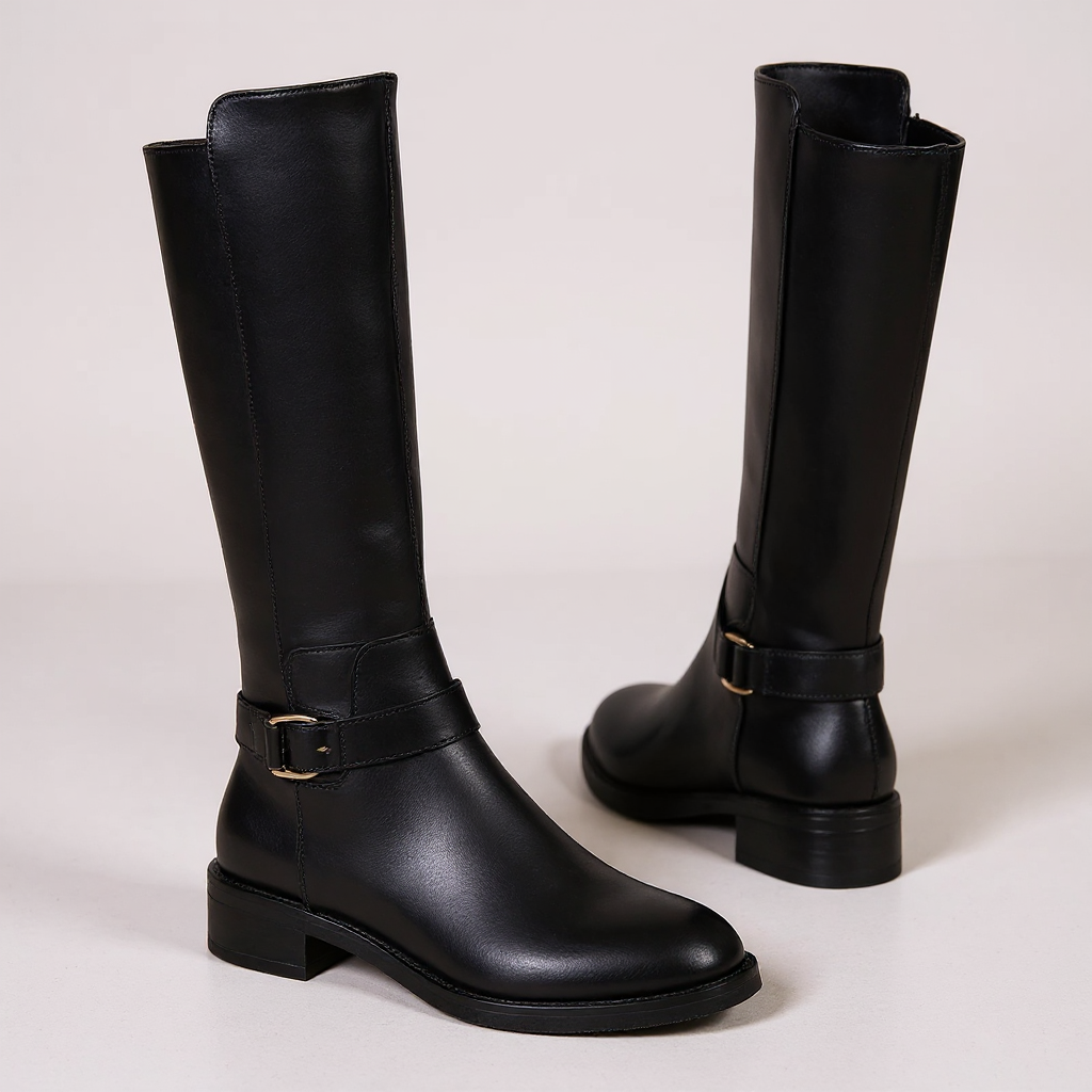 Botas Altas Mujer Negras Tacón Bajo con Hebilla