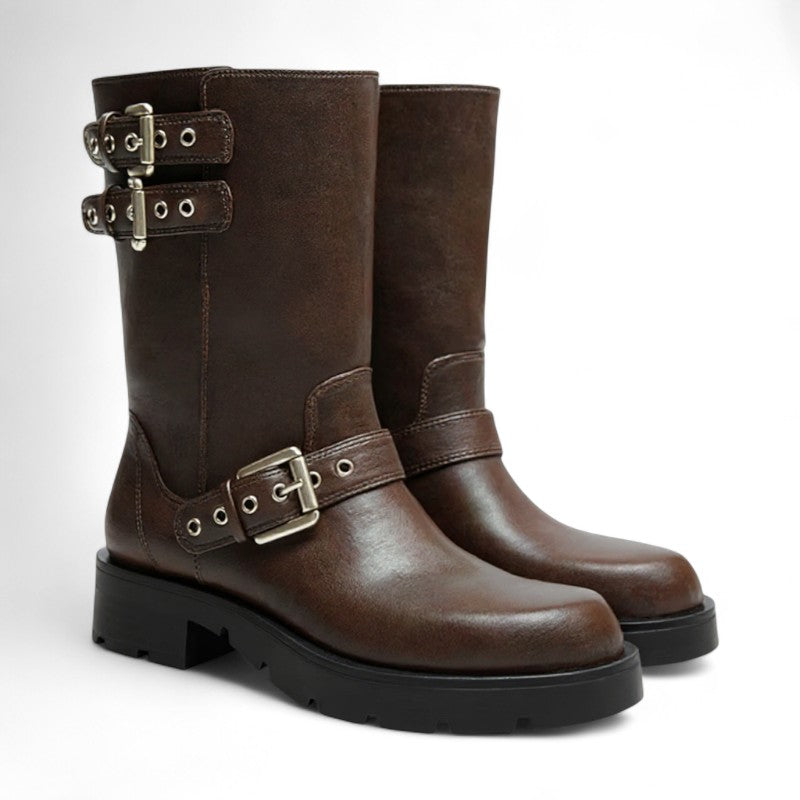 Botas Moteras Mujer Marrones con Hebillas Metálicas
