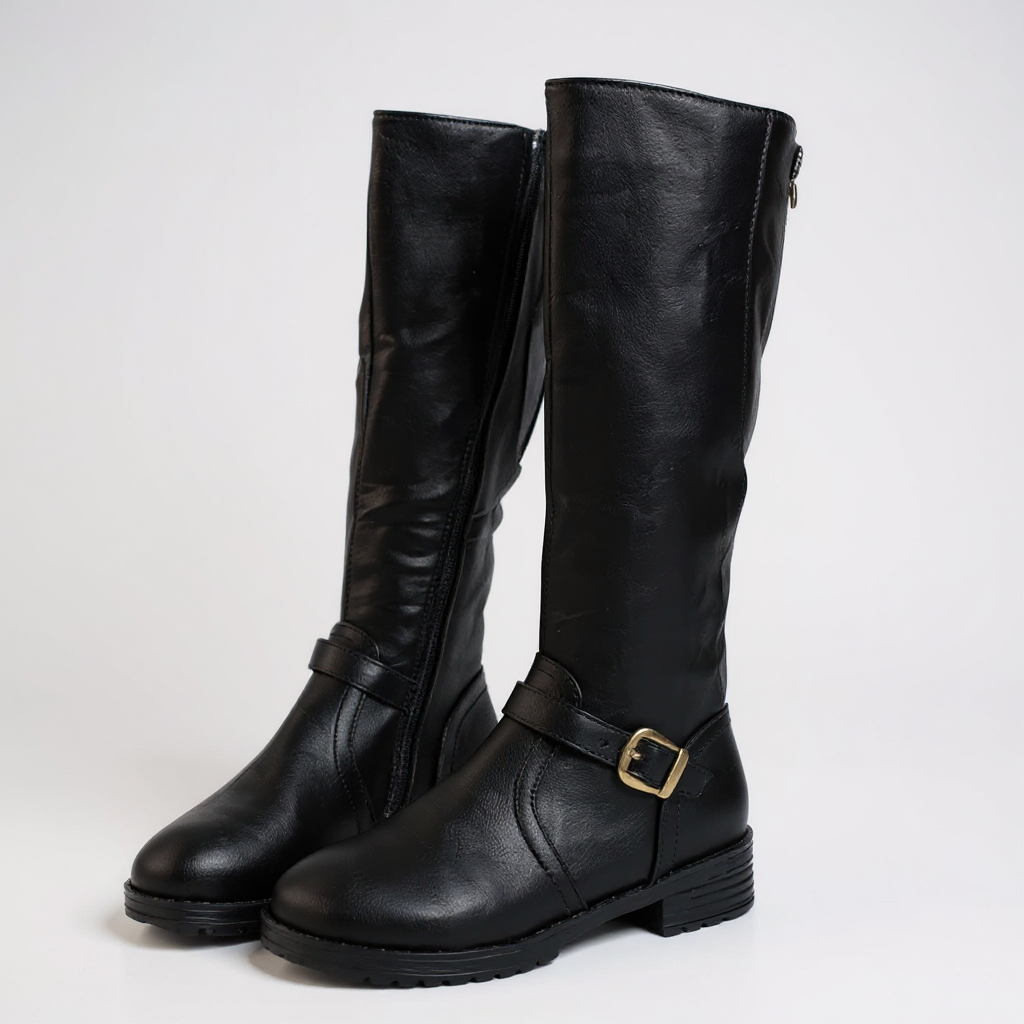 Botas Altas Mujer Negras Tacón de Bloque con Hebilla