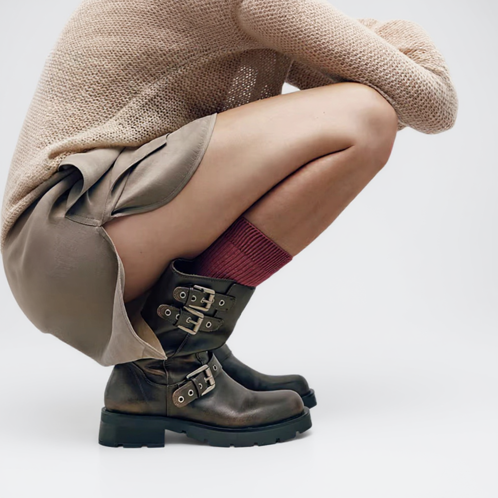 Botas Moteras Mujer Marrones con Hebillas Metálicas