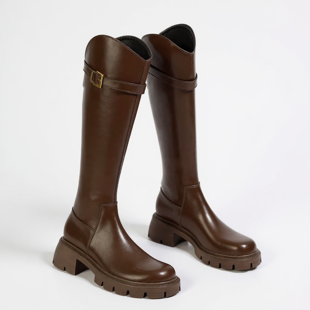 Botas Altas Mujer de Piel Tacón Grueso Hebilla Dorada