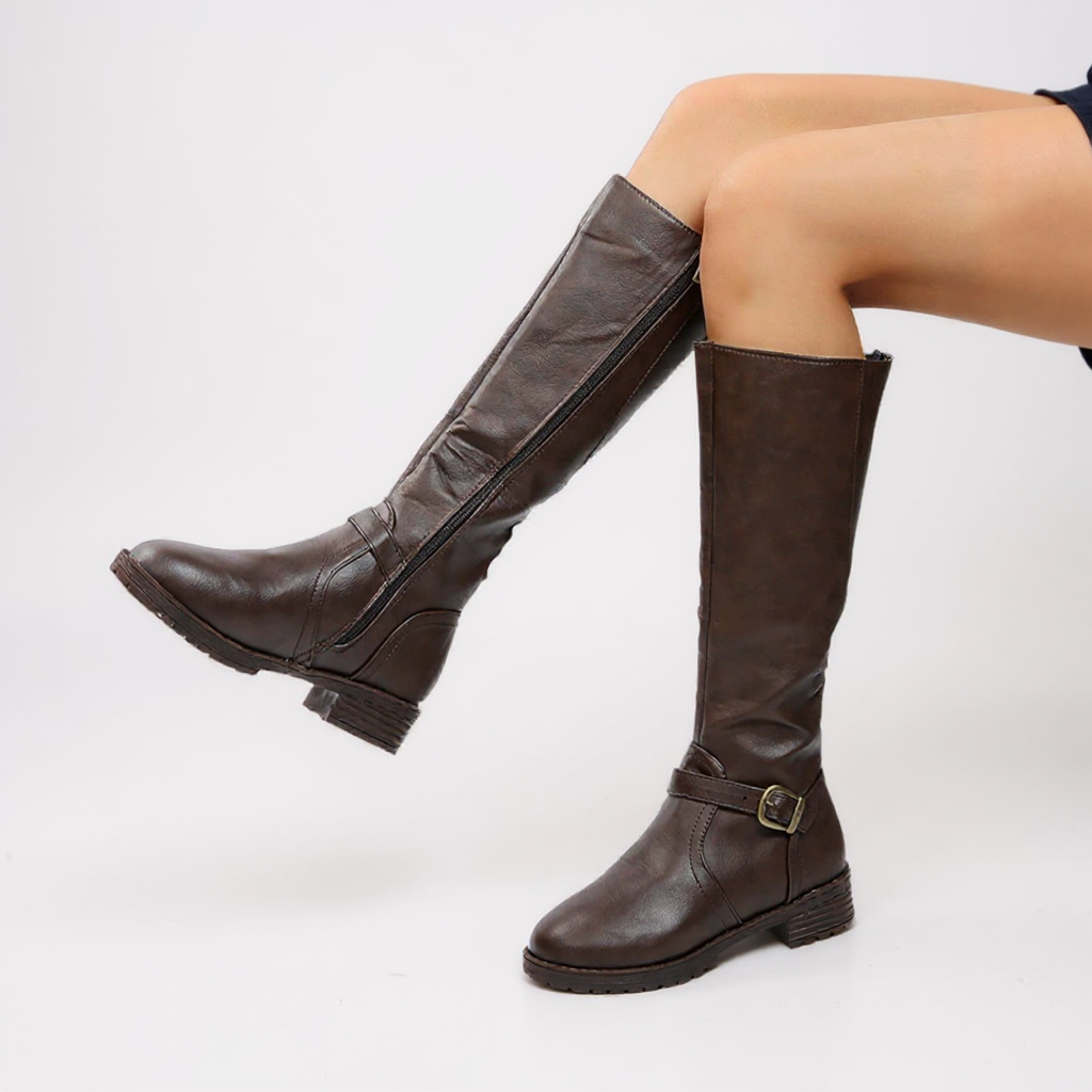 Botas Altas Mujer Negras Tacón de Bloque con Hebilla