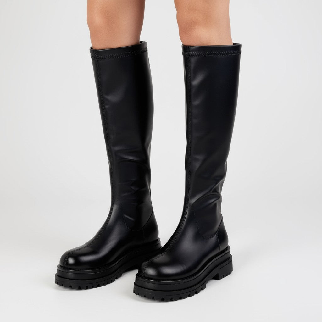 Botas Altas con Plataforma Mujer de Piel con Cremallera Trasera