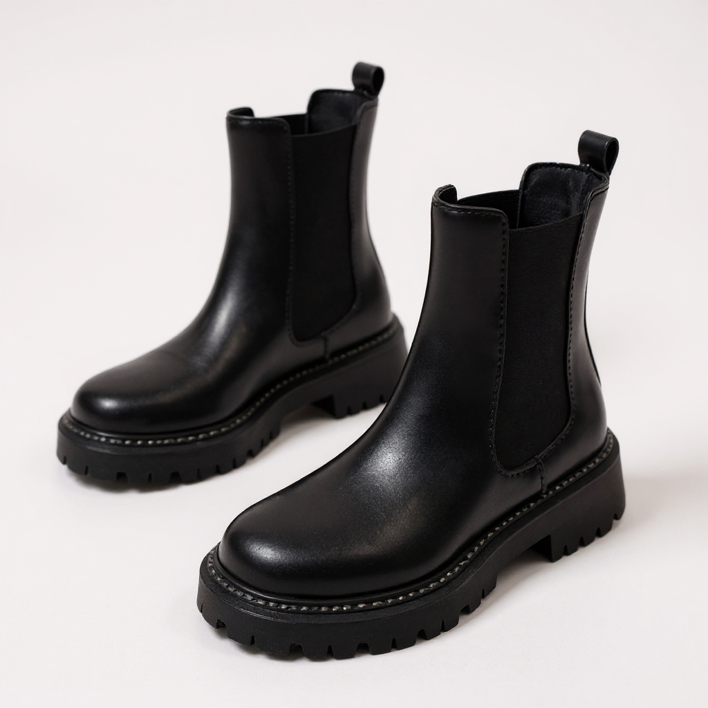 Botines Chelsea Mujer Negros de Elástico Lateral y Suela Gruesa
