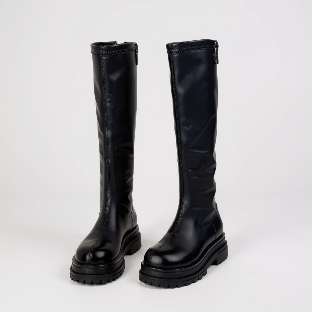 Botas Altas con Plataforma Mujer de Piel con Cremallera Trasera