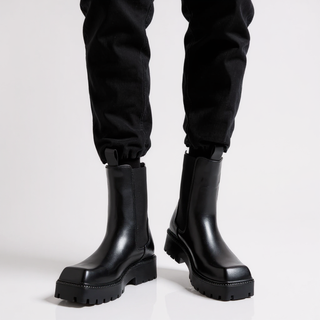 Botines Chelsea Mujer Negros Punta Cuadrada Suela Cranteada