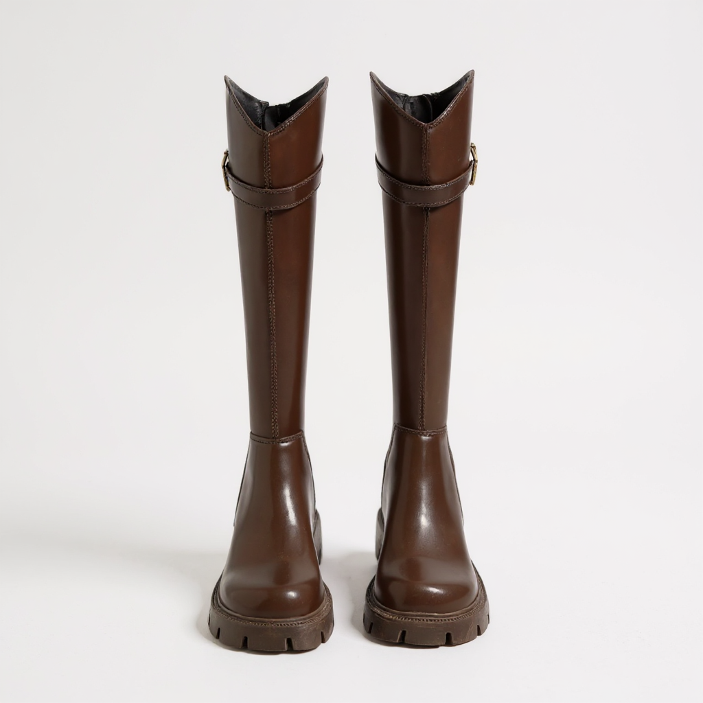 Botas Altas Mujer de Piel Tacón Grueso Hebilla Dorada