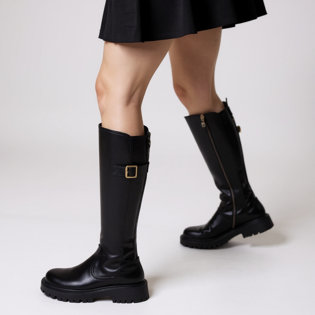 Botas Altas Mujer Negras con Bridas Decorativas