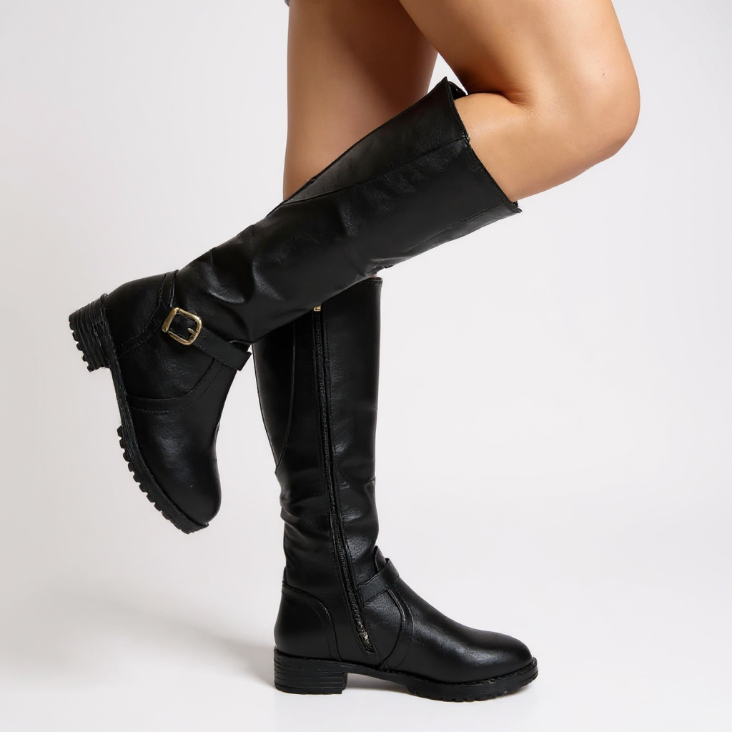 Botas Altas Mujer Negras Tacón de Bloque con Hebilla