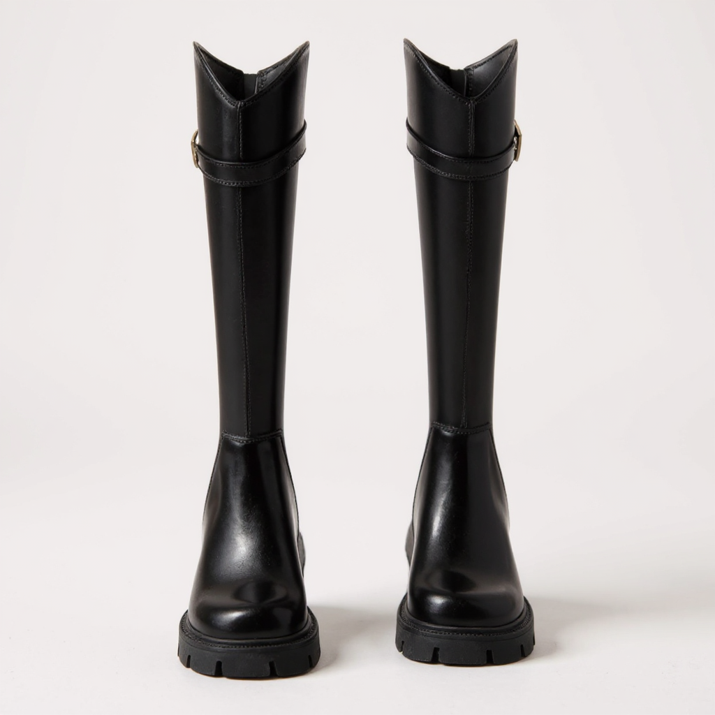 Botas Altas Mujer de Piel Tacón Grueso Hebilla Dorada