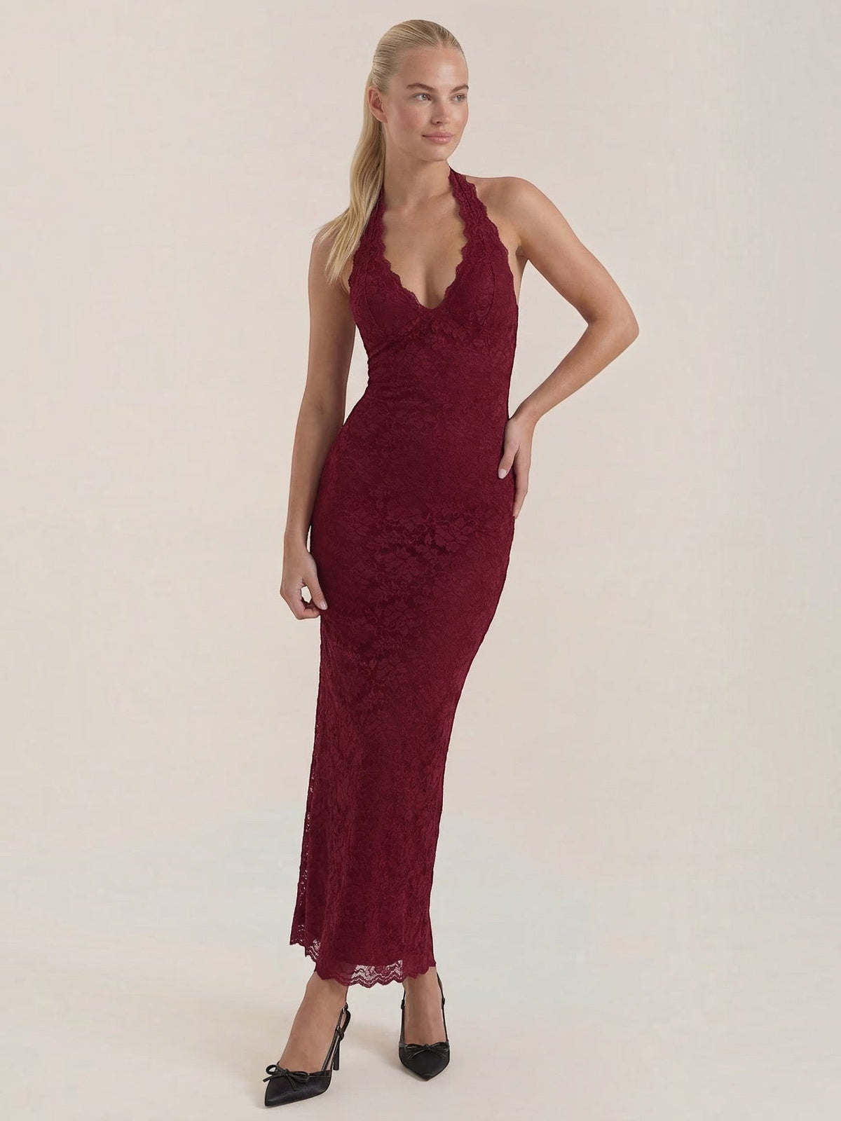 Vestido Largo de Encaje Mujer con Cuello Halter - Vista 1